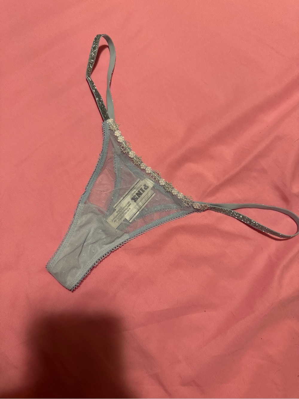 PINK Victoria's Secret Light Blue Sheer Floral-Trim Thong